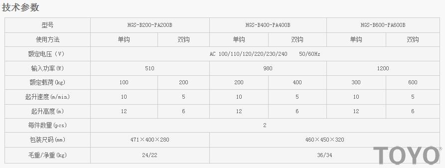 PA200B-PA600B型微型電動葫蘆技術參數(shù)